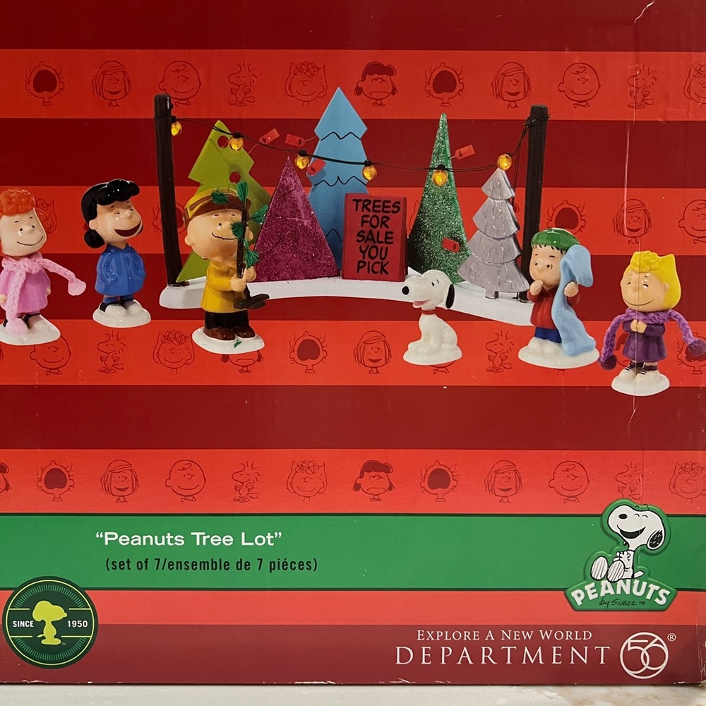 Vintage Department 56 “Peanuts Tree Lot” Set - Red, Green, Blue